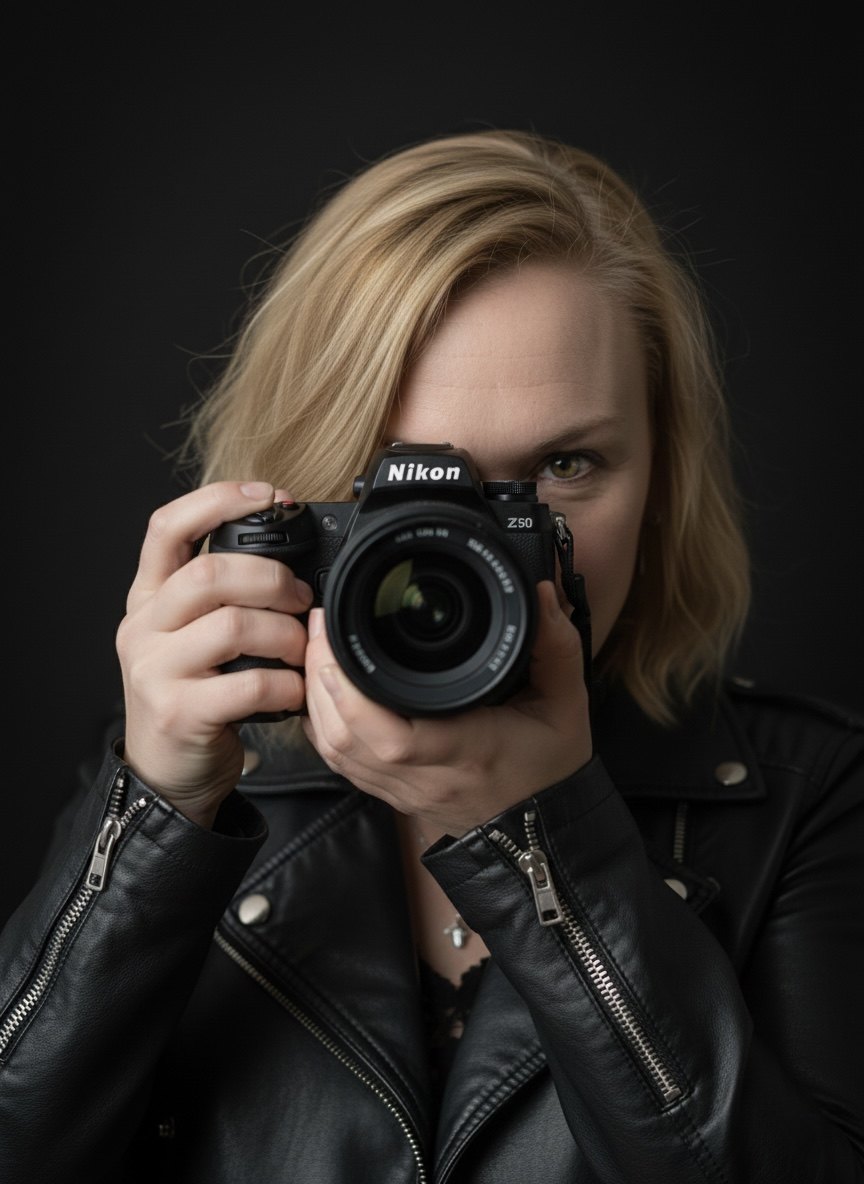 Alexandra Bektaş mit ihrer Nikon-Kamera vor dunklem Hintergrund